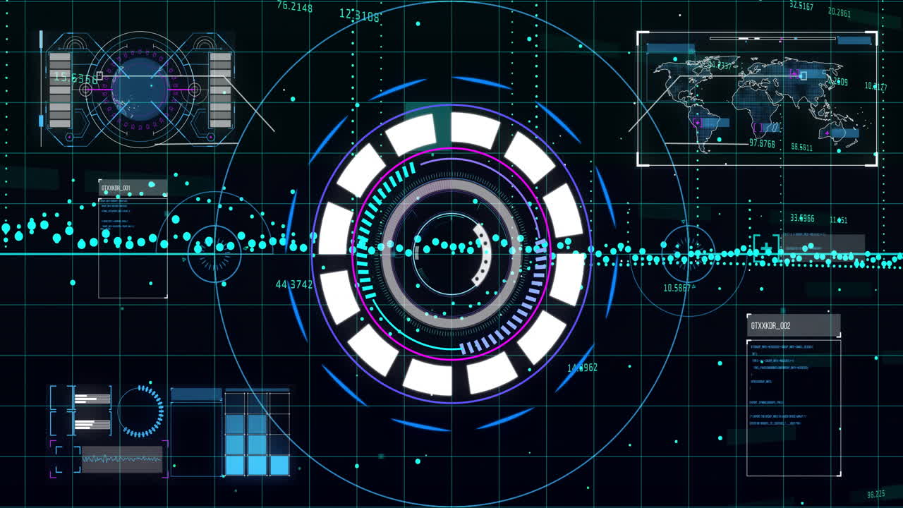 Central holographic interface glowing over grid, displaying rings, bars, waveforms, widgets