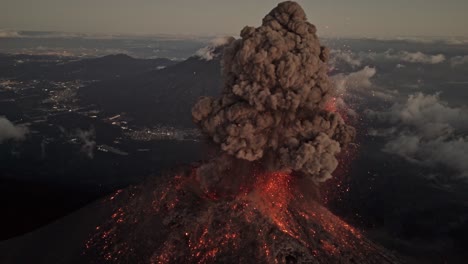 massive volcano explosion with lava and smoke, aerial drone close up view