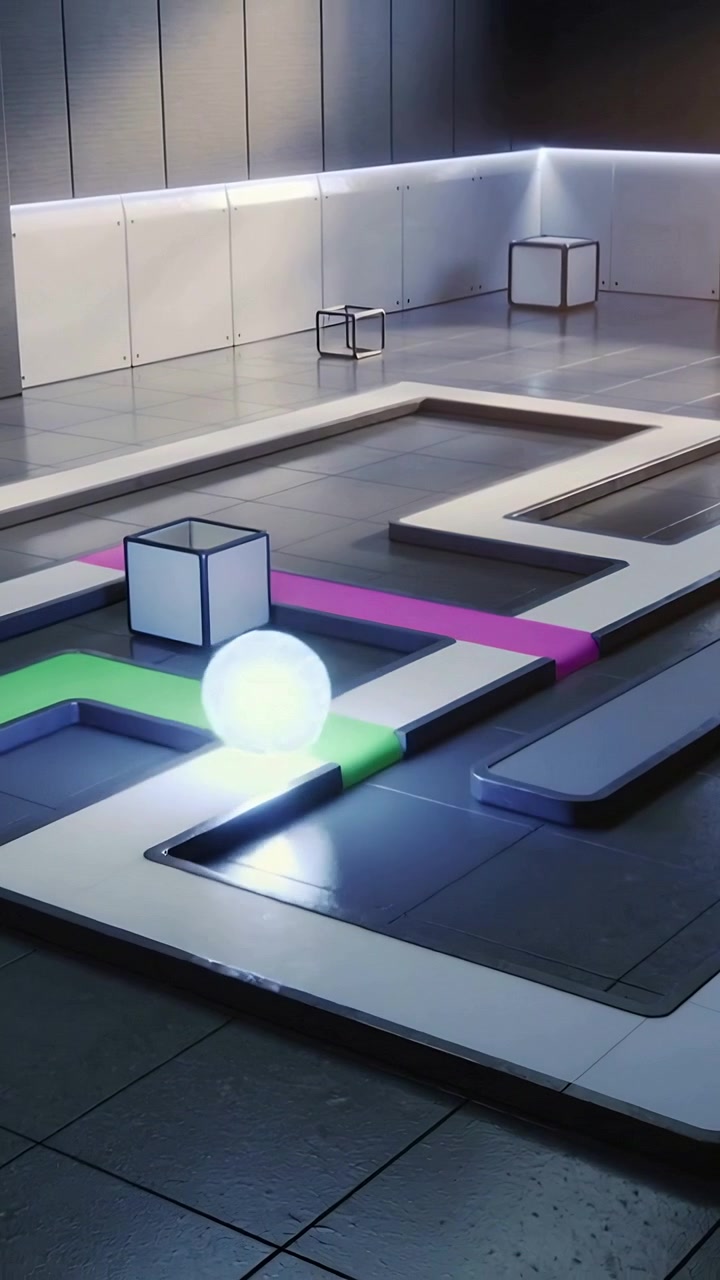Pystysuuntainen video: Esille nouseva valaistu pallo vierii laboratoriorataa pitkin testaten magentan ja vihreitä nauhoja, tilaa tekstille