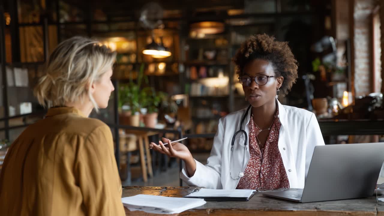 Una consultazione collaborativa tra un professionista sanitario e un paziente in un ambiente di caffè accogliente e moderno, favorendo il dialogo aperto e la comprensione.