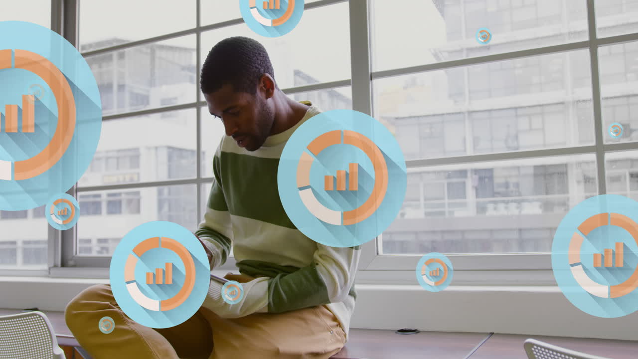 Animation of digital icons with data processing over african american businessman in office