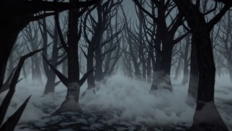 fog creeping along the ground in a dark, eerie midnight forest, with leafless trees casting haunting shadows and creating a spooky, mysterious atmosphere filled with stillness