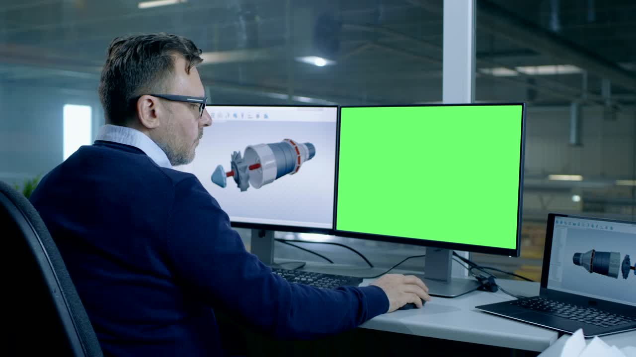 el ingeniero jefe diseña una turbina o un motor 3d para una gran empresa industrial, su segunda pantalla muestra una maqueta de una computadora de pantalla verde. fuera de la ventana de la oficina se ve una gran fábrica.