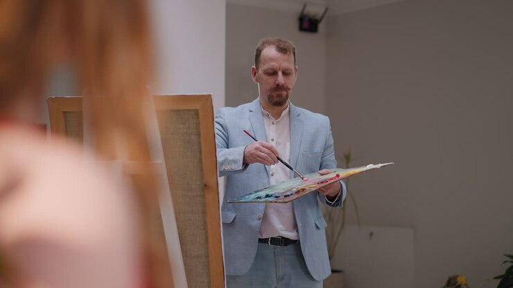 Art producer draws portrait of model in studio. Talented master with color pigment slab works upon painting by easel in light room. Life model session