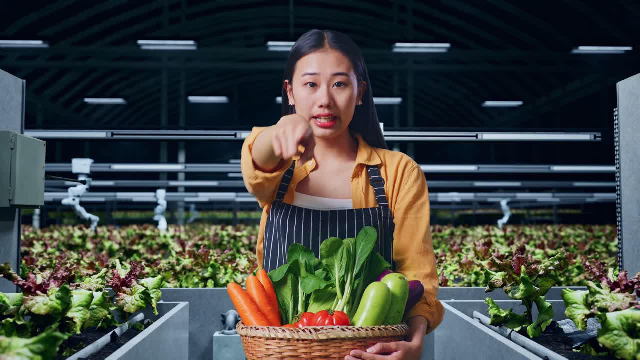 여성 농부 는 온실 에서 농산물 을 점검 하고 있다