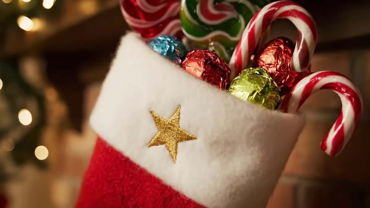 Festive close-up video of a Christmas stocking filled with candy, shot at eye level