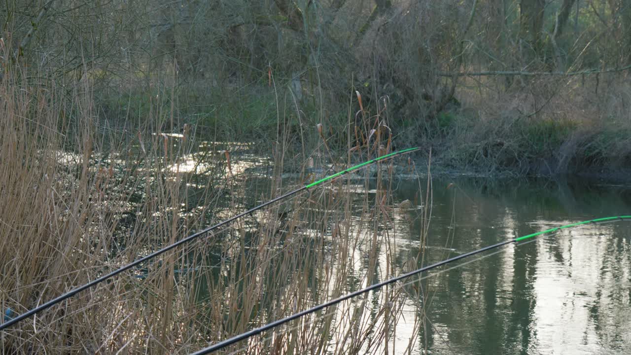 Fishing rods by a peaceful river, capturing a moment of tranquility outdoors