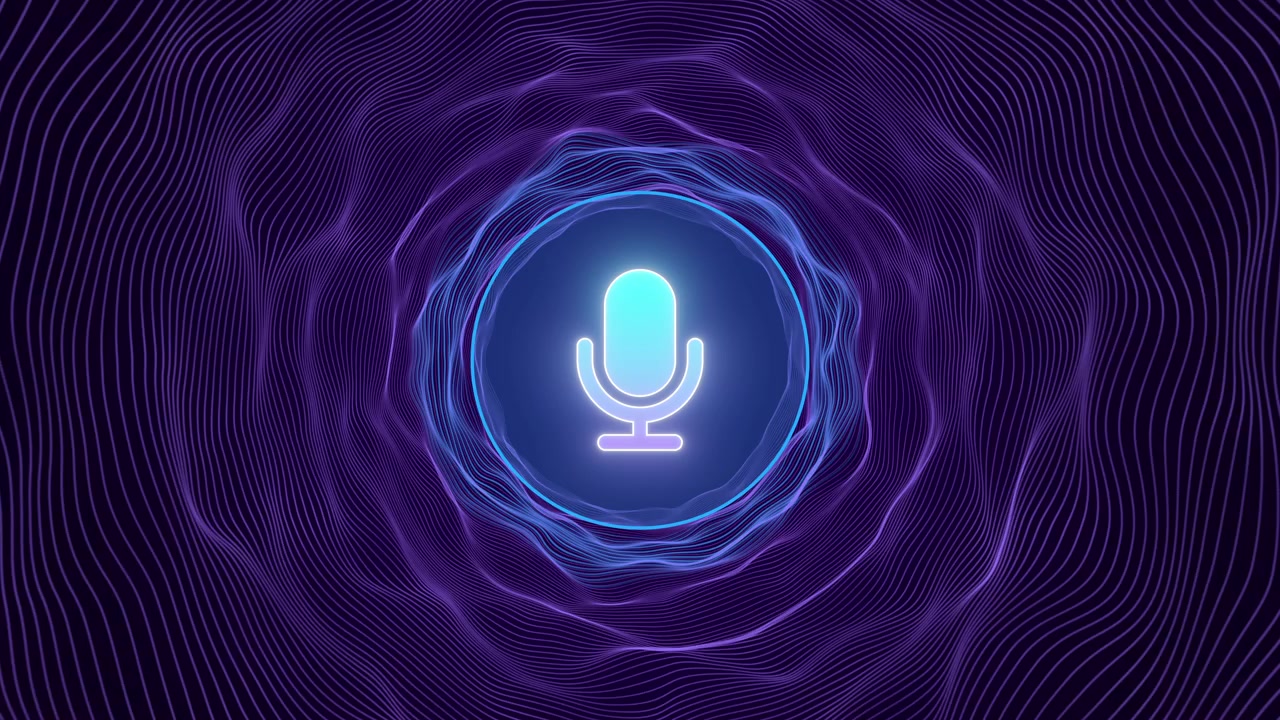 Icona di microfono luminoso circondata da onde sonore digitali astratte