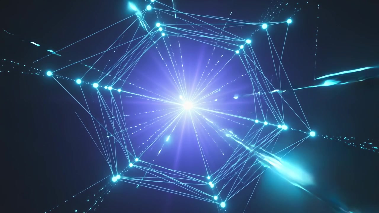 Rede pentagonal pulsante enviando feixes radiais no vazio escuro enquanto raios ciano de entrada carregam o núcleo.