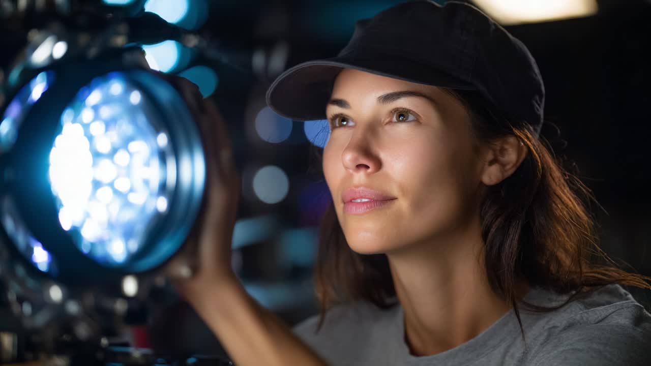 Una donna concentrata modifica una fonte di luce intensa con un'espressione serena, dimostrando la sua dedizione e competenza nella gestione di tecnologie di illuminazione avanzate durante un progetto creativo o una ripresa cinematografica