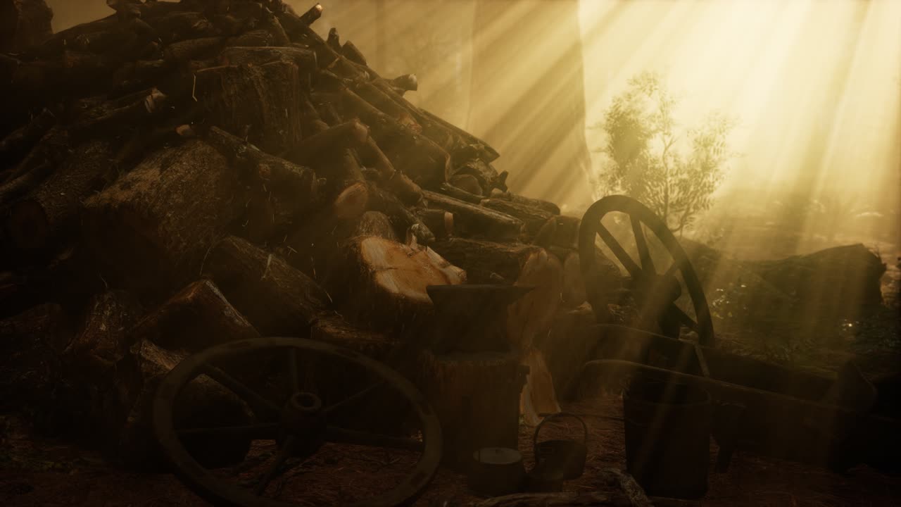 해가 지는 시점 에 숲 에서 겨울 을 위해 연료 를 준비 하는 것