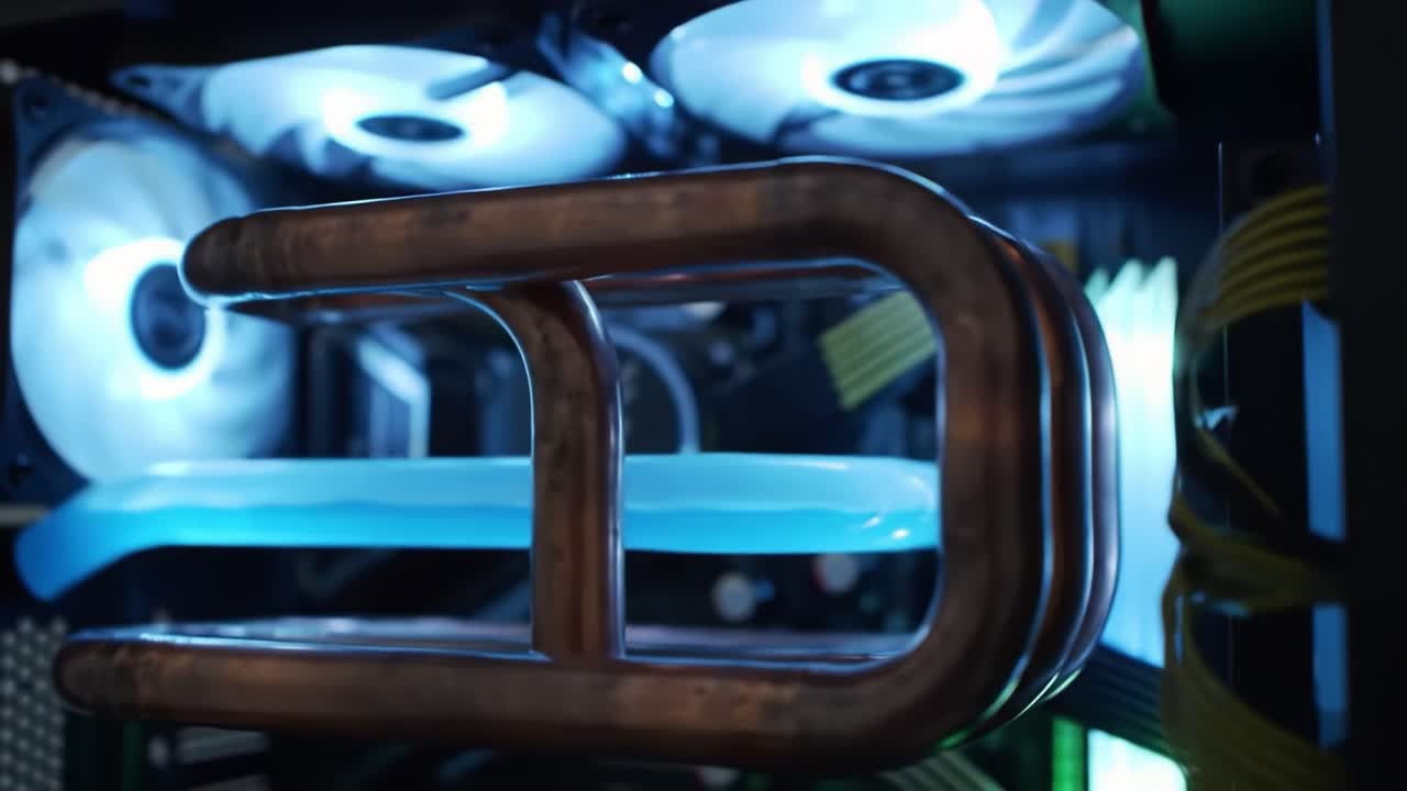 This engaging display features a custom gaming PC build with an intricate cooling system. Bright LED lighting adds a modern touch to the design, enhancing the overall aesthetic.