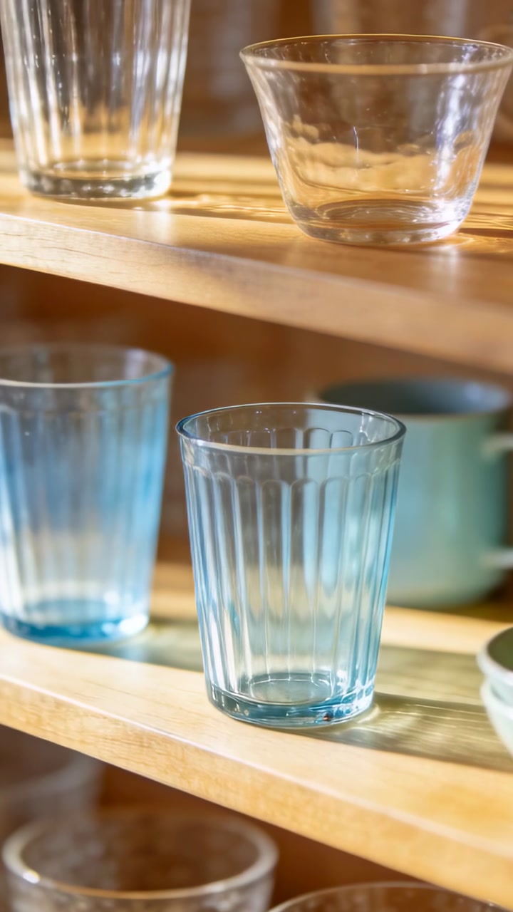 Vertical video: Racking camera focus across wood shelves showing ribbed blue tumbler to study light