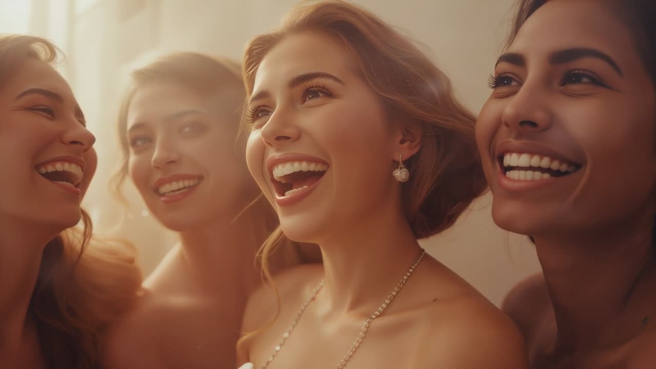 Laughing center woman starting group laughter for wedding prep, wearing strapless dresses, jewelry