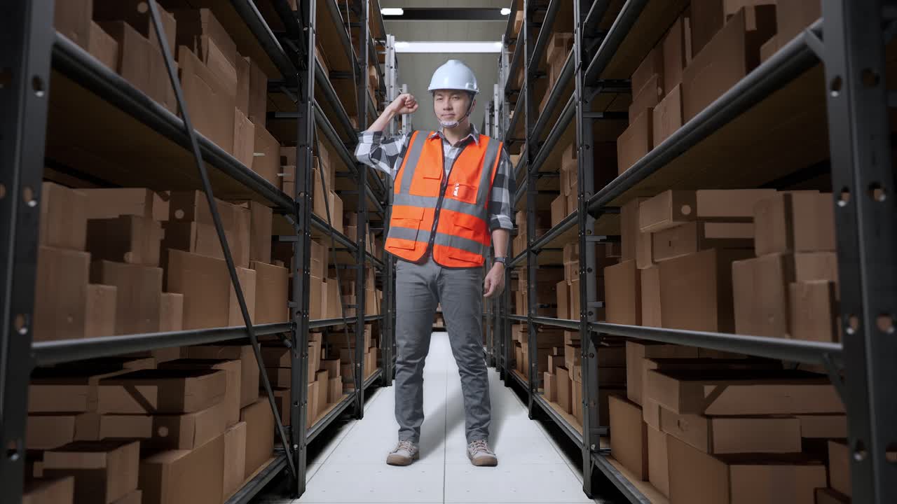 cuerpo lleno de ingeniero masculino asiático con casco de seguridad de pie en el almacén con estantes llenos de productos de entrega. flexionando su bíceps y sonriendo a la cámara en el almacenamiento