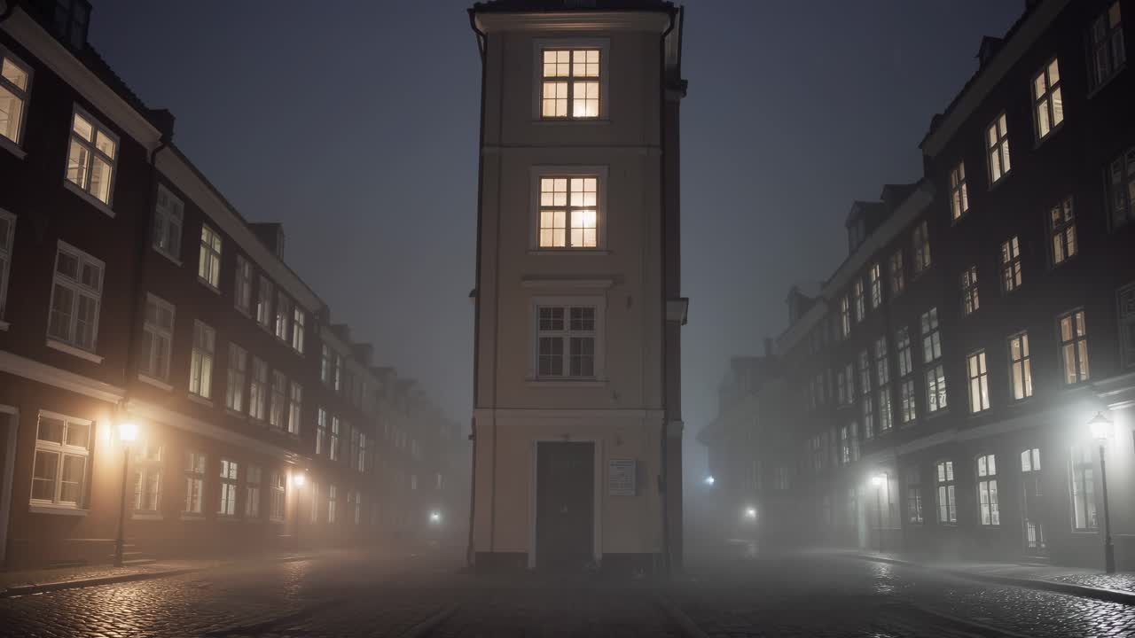 Mysterious fog enveloping a narrow cobblestone street, illuminated by warm streetlights and traditional building windows, creates a serene, tranquil night atmosphere