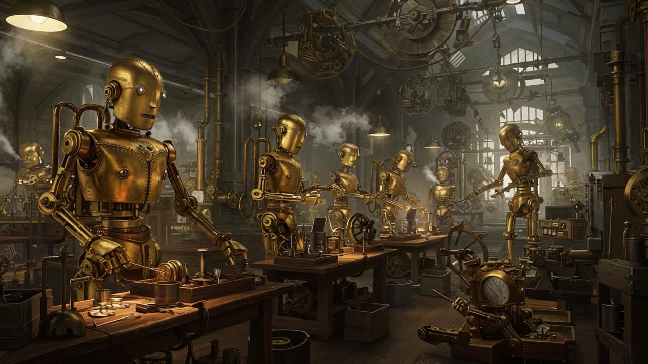Intricate Workshop of Steampunk Robots Engaged in Precision Crafting and Mechanical Innovation in a Vintage Industrial Setting