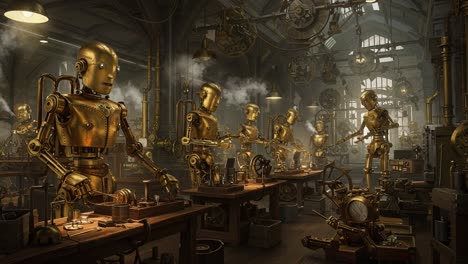 intricate workshop of steampunk robots engaged in precision crafting and mechanical innovation in a vintage industrial setting