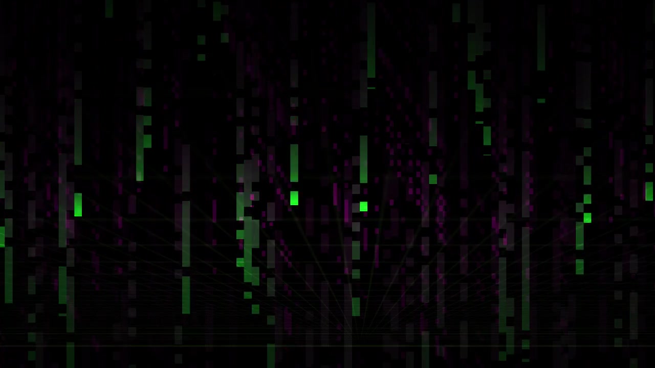Falling Green and Purple Pixels in a Digital Matrix Background