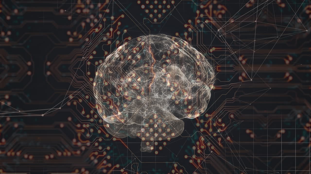 Animation of digital brain over computer circuit board on black background