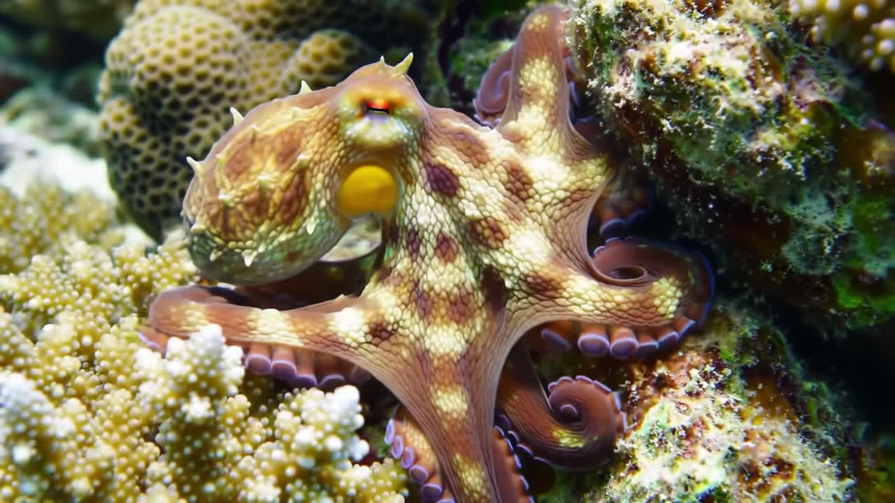 A Vibrant Octopus Camouflages Amidst Coral Reefs: Exploring the Wonders of Underwater Life and the Intricate Beauty of Ocean Ecosystems