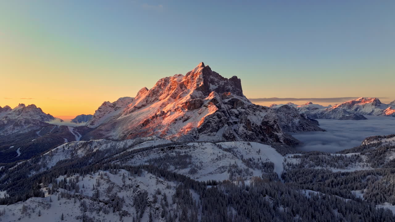Aerial drone view of the Mountain Pelmo in the Dolomites, Italy at sunrise