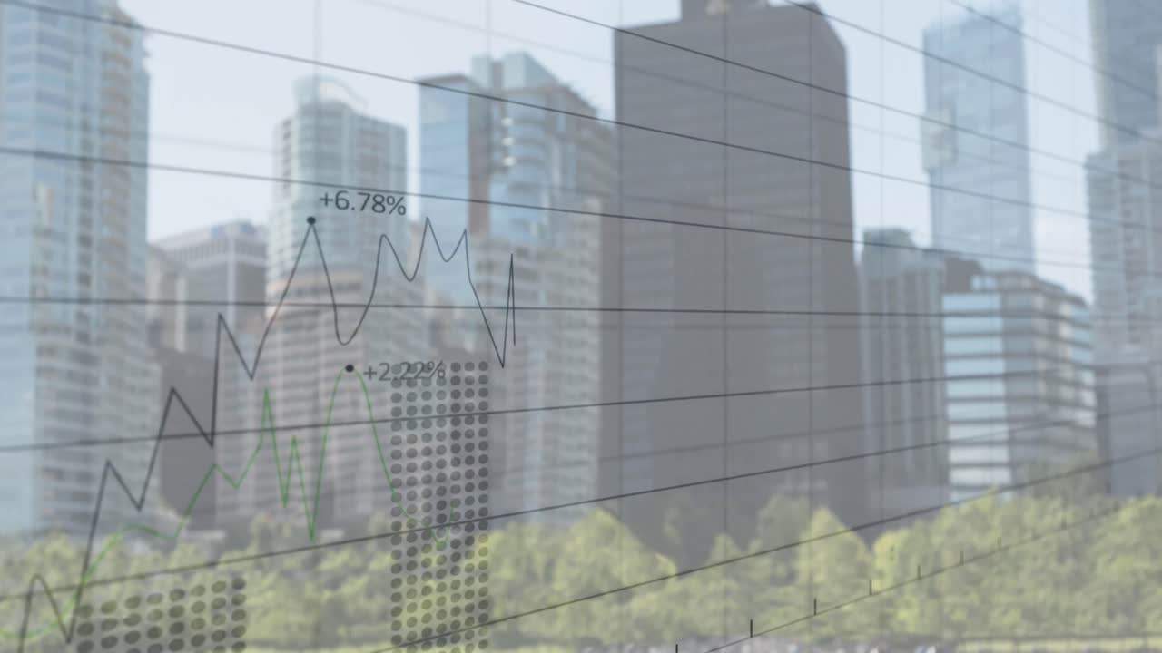 animación del procesamiento de datos financieros sobre el paisaje urbano