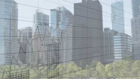 animación del procesamiento de datos financieros sobre el paisaje urbano