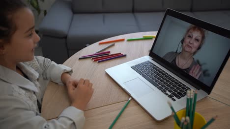 smart little little girl learns online on a laptop, video chat at home, distant education