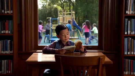 boy reading a book indoors while children play on a playground outside