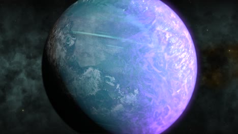 Close-up-of-unexplored-rotating-super-earth-like-exoplanet-in-distant-space,-CGI,-universe