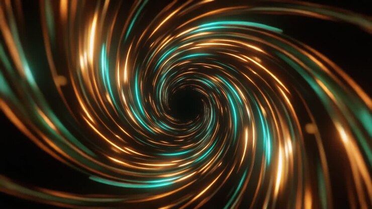 Túnel de Luz Abstrato em Espiral com Linhas Neon Laranja e Azul-Petróleo