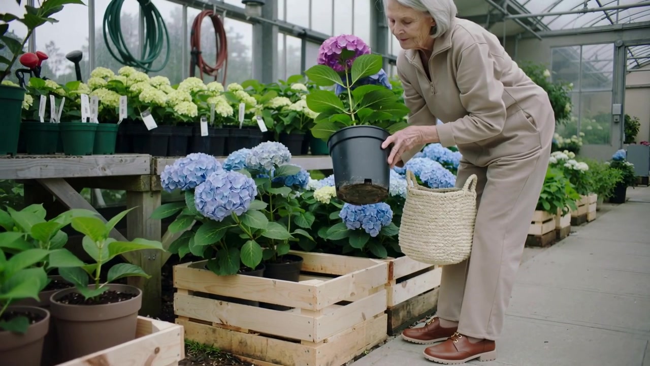 Seeing hydrangea with basket, senior woman leaning grasping pot checking soil in garden, copy space