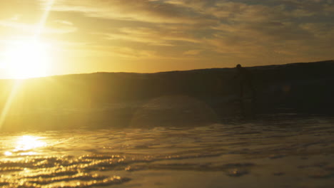 golden hour sunset glow light spreads as backlit surfer rides down the line bottom turning to lip of wave breaking into aerial turn off backside