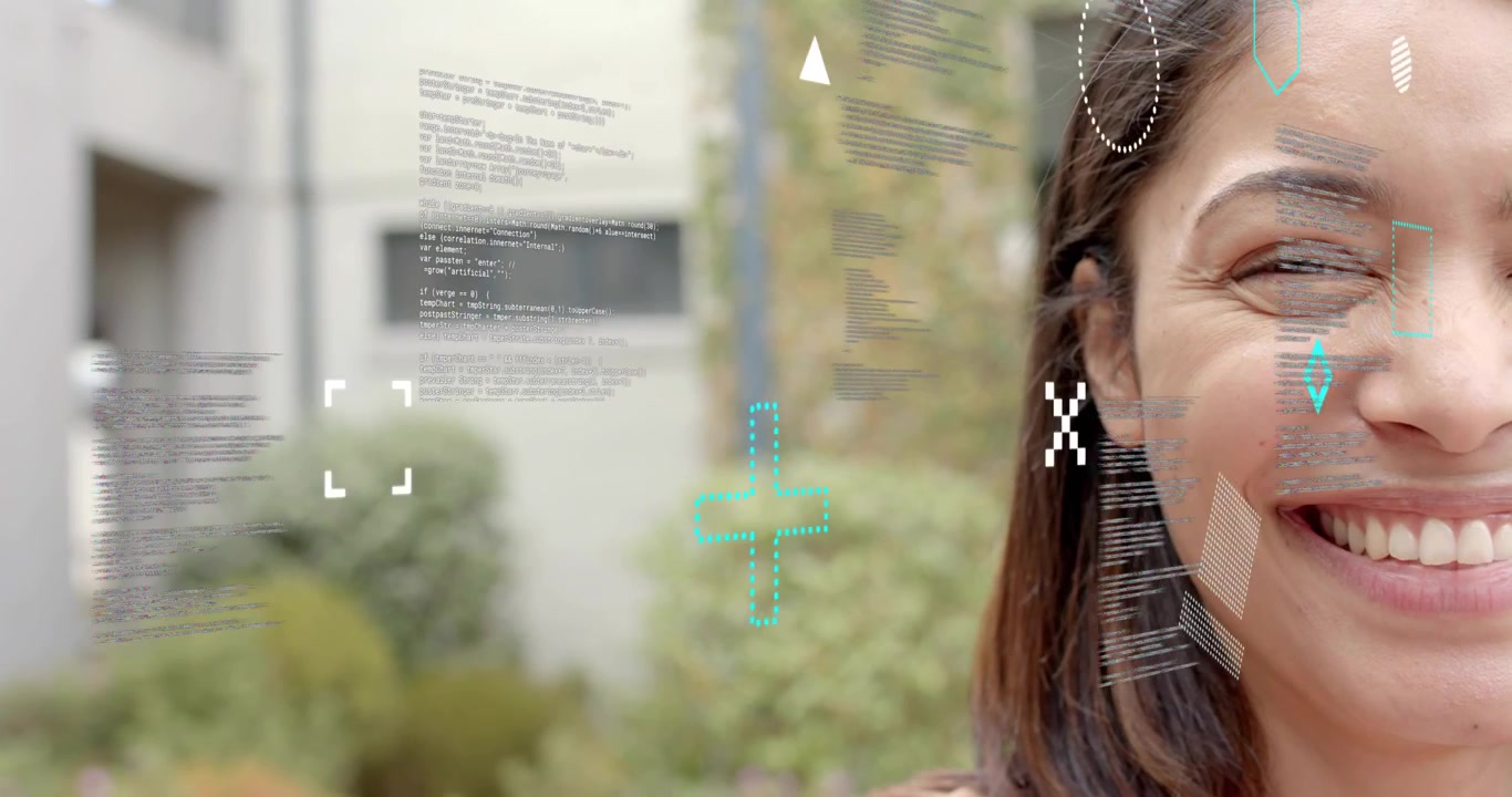 Woman in patio exploring holographic tech interface materializing, examining floating code visuals