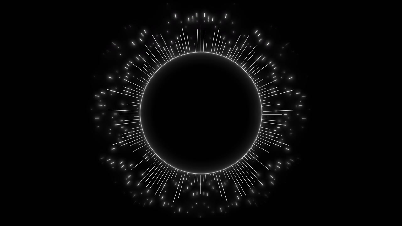Black white music visualizer ring with clean glowing circle radiating line bars and soft sparkle