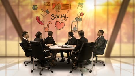empresarios mirando una pantalla futurista que muestra el símbolo de las redes sociales