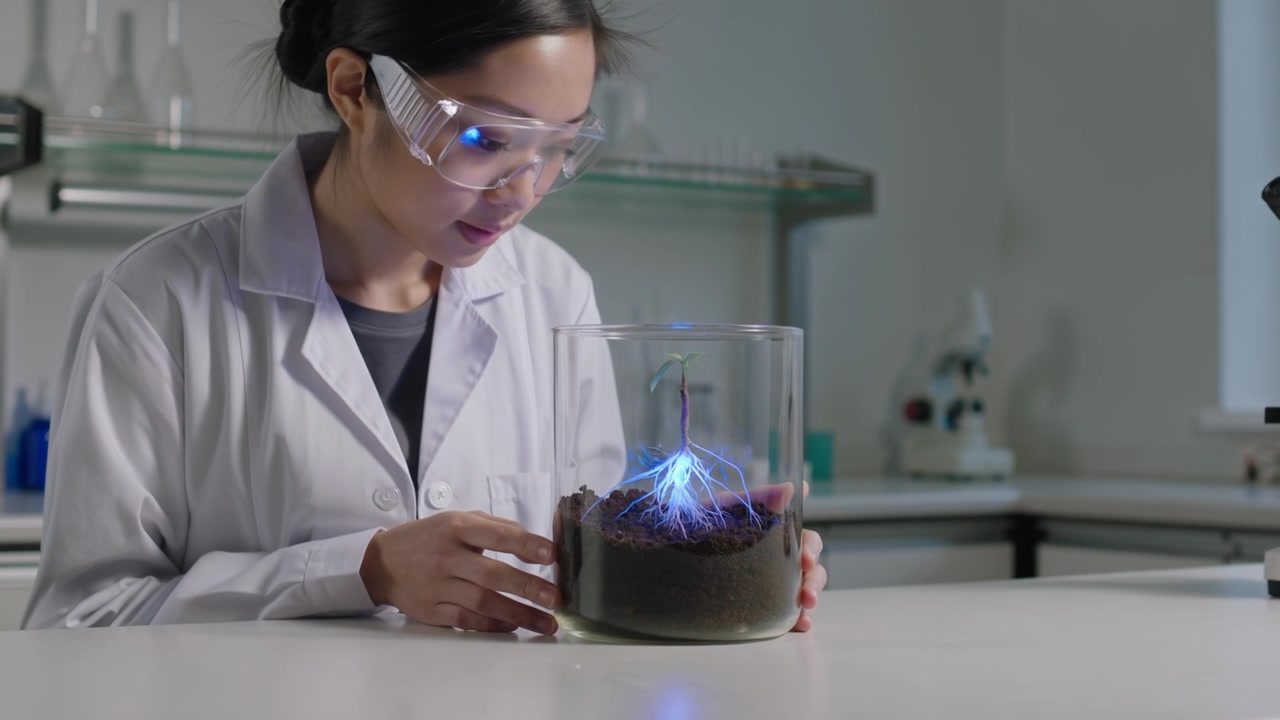 Female scientist wearing safety goggles examining a plant specimen inside a glass container in a laboratory