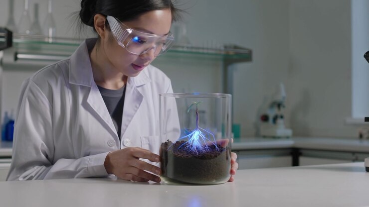 Cientista mulher usando óculos de segurança examinando um espécime de planta dentro de um recipiente de vidro em um laboratório
