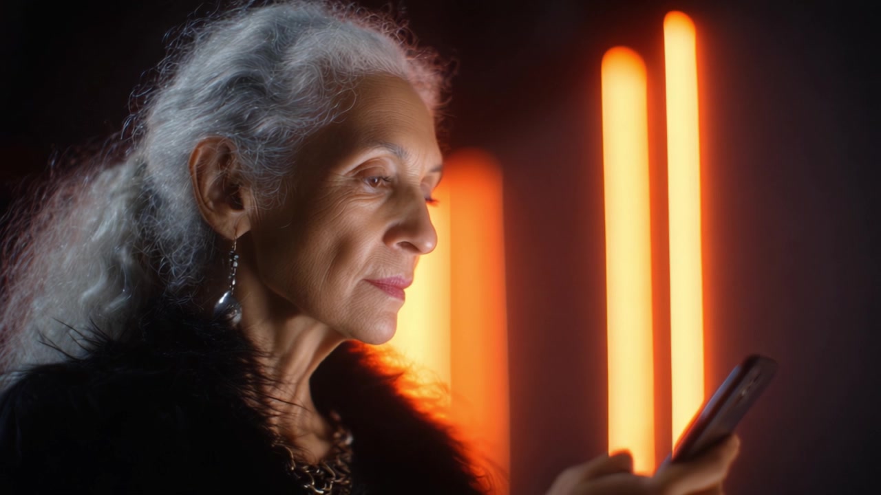 Una donna anziana sofisticata con capelli argentati intensamente impegnata con il suo smartphone mentre è illuminata da vivaci luci arancioni, che emana grazia e sicurezza in un ambiente moderno.