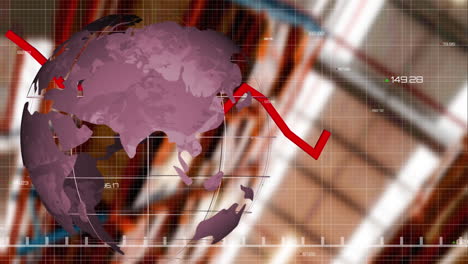 animation of globe and financial data processing with red line over warehouse