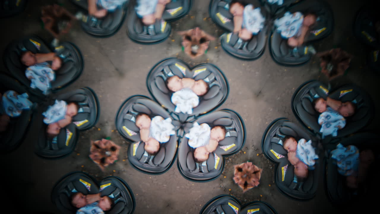 A creative kaleidoscope effect featuring multiple mirrored images of sleeping babies wrapped in blankets