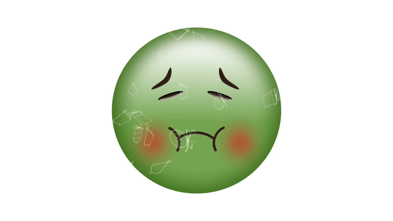 Digital animation of digital icons falling over puking face emoji ...