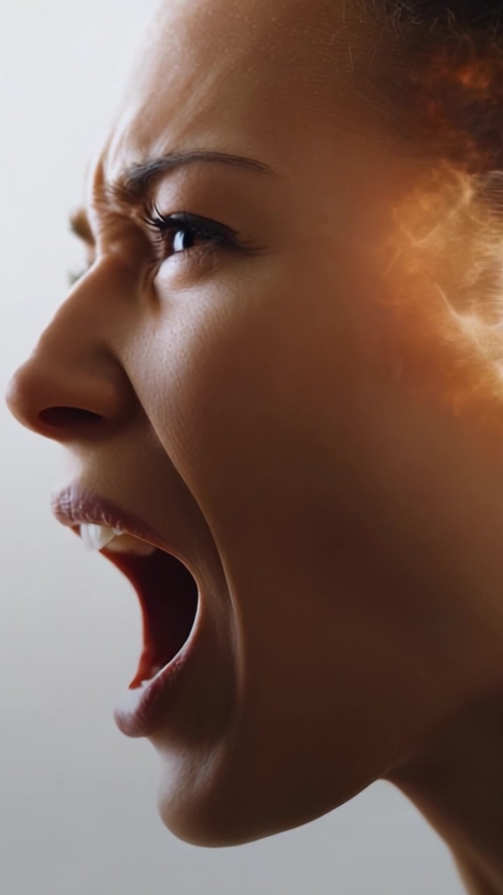 A powerful expression of intense emotion is captured as a person screams, with a vivid representation of mental turmoil depicted through fiery imagery surrounding their head.