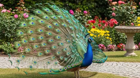 a majestic peacock displaying its vibrant feathers in a lush garden filled with colorful roses, capturing the beauty of nature's splendor