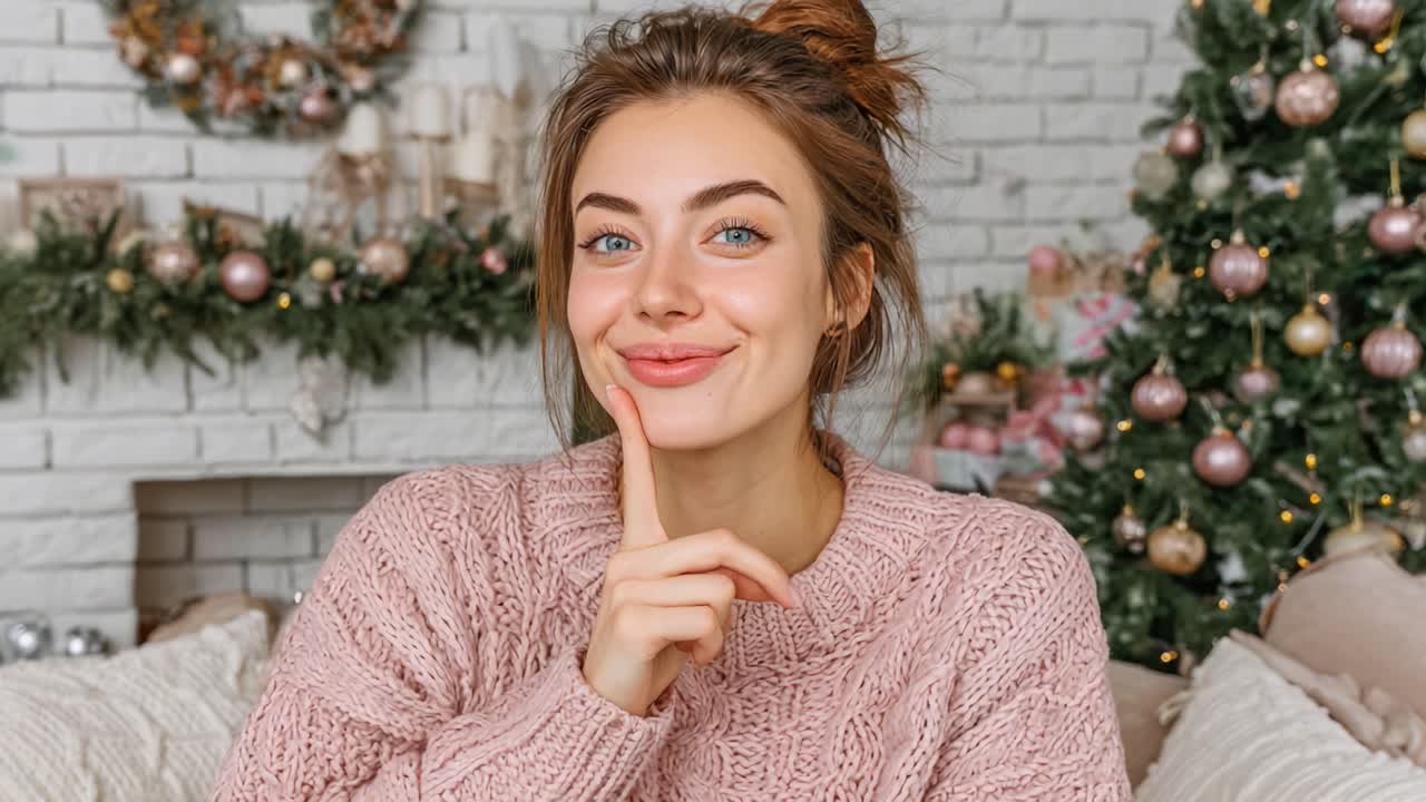 A Thoughtful Young Woman in a Cozy Sweater Poses With a Playful Smile Against a Festively Decorated Background for the Holidays