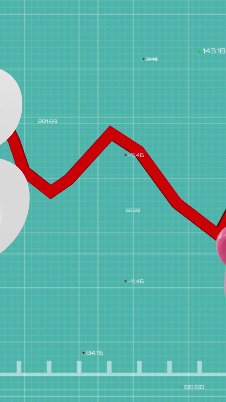 Bitcoin, piggy bank and hammer over red graph moving.