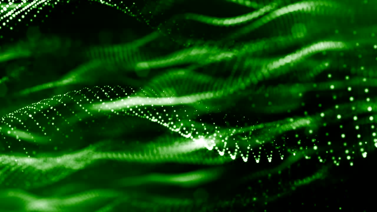 3d render of luminous particles as science fiction background or modern abstract green background of particles with depth of field and bokeh like vj loop. Particles form line and wavy structure. 9