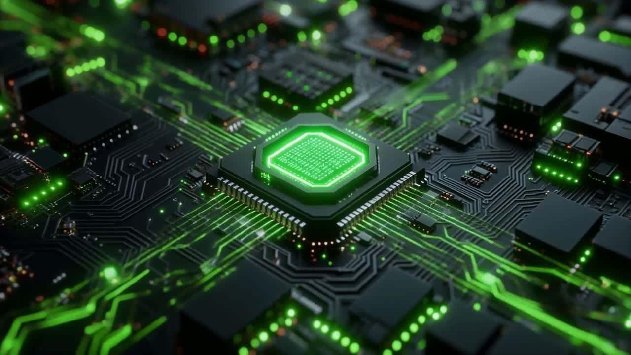 Digitalt printkort med glødende grønt dataflow