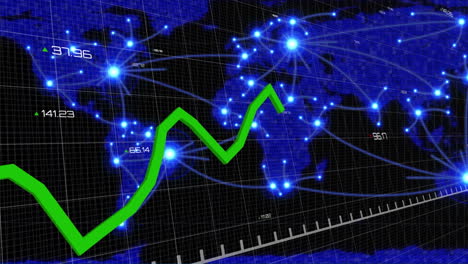 animación del procesamiento de datos financieros con línea verde sobre el mapa del mundo.